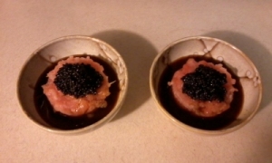 tartare fully loaded with a generous portion of caviar and the wasabi pepper sauce